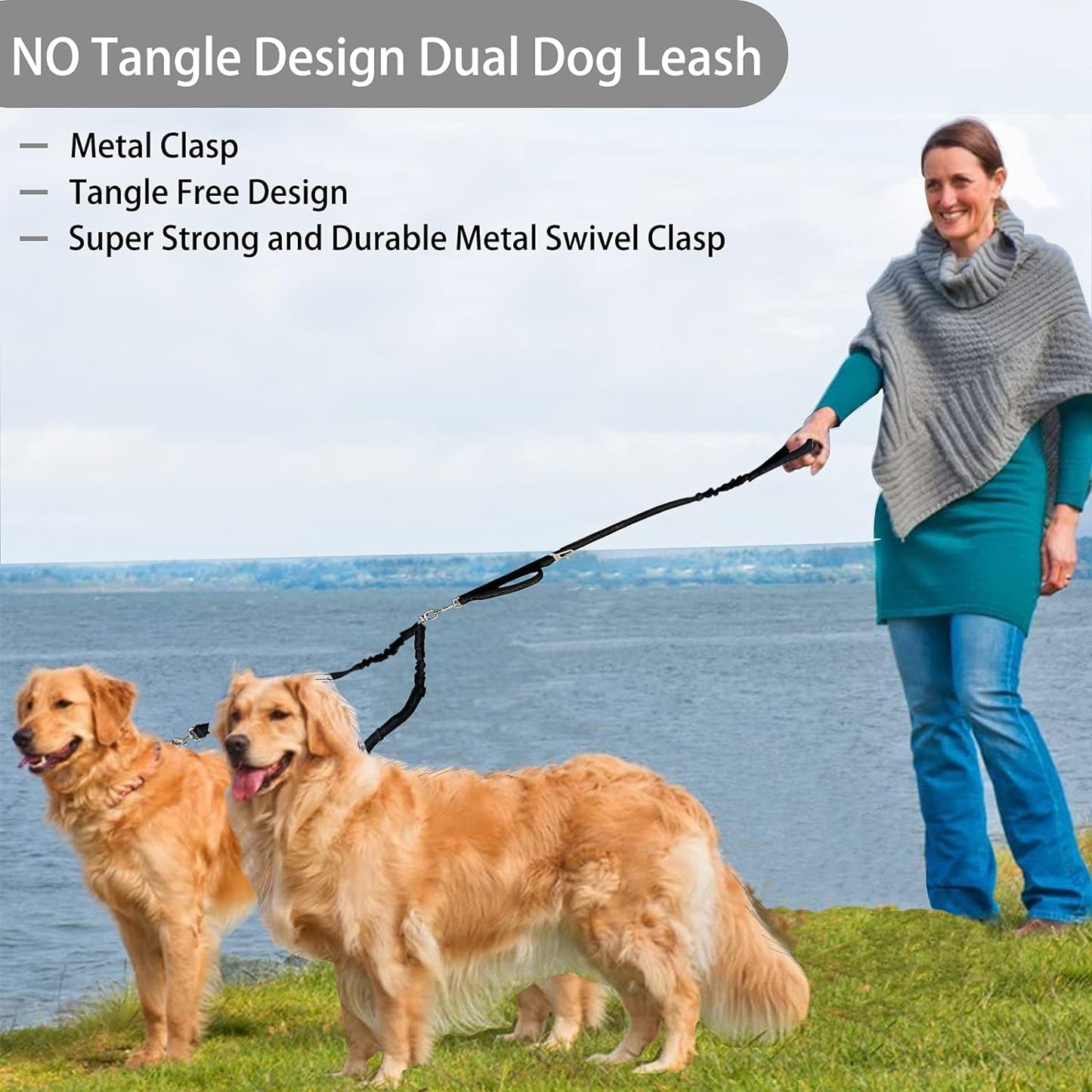 Double Dog Leash, Dual Leash for Dogs 360° No Tangle Two Dogs Leash Adjustable Tangle Free Double Leash for Small Medium Large Dogs Walking Training(Black)