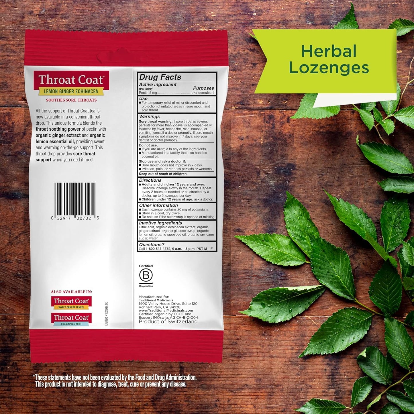 Lozenges, Organic Throat Coat Lemon Ginger Echinacea, Sore Throat Support, 16 Individually Wrapped Lozenges