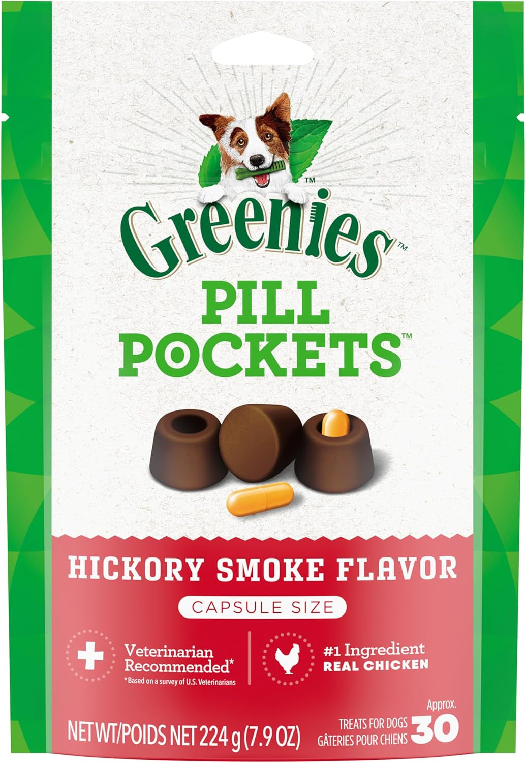 Pill Pockets for Dogs Capsule Size Natural Soft Dog Treats, Hickory Smoke Flavor, 7.9 Oz. Pack (30 Treats)