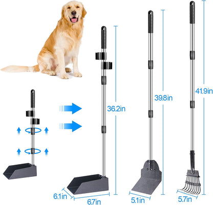 Dog Pooper Scooper Set, 3 Pack Adjustable 49.1 Inches Long Handle Metal Tray, Rake and Spade Poop Scoop for Waste Removal, No Bending Clean up for Large and Small Dog