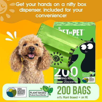 200 Counts Unscented Dog Poop Bags Rolls with Tie Handles, 38% Plant Based & 62% PE Poop Bags for Dogs, Extra-Thick Doggie Poo Bag, Pet Waste Bag