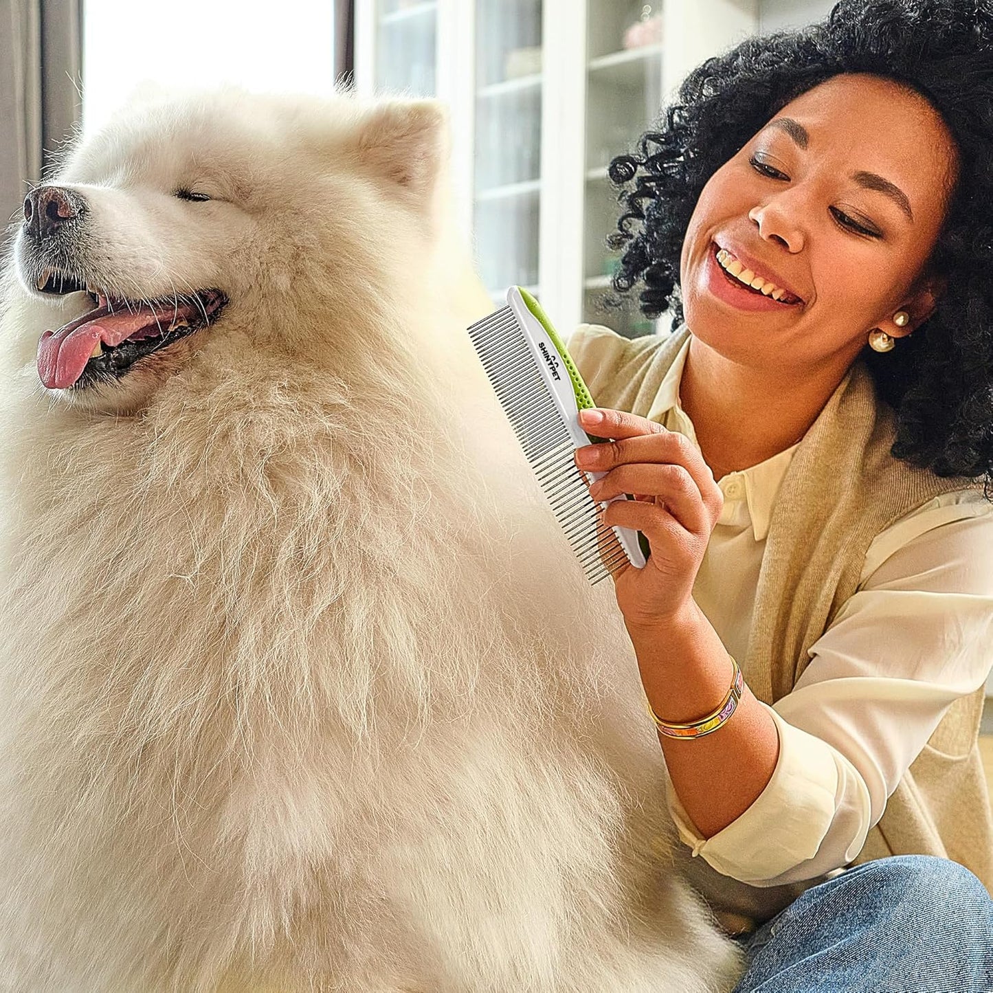 Dog & Cat Comb – Removes Tangles, Knots, and Matted Fur – Grooming Tool with Stainless Steel Teeth and Non-Slip Handle – Best Pet Hair Comb for Home Grooming Kit – Includes Ebook Guide