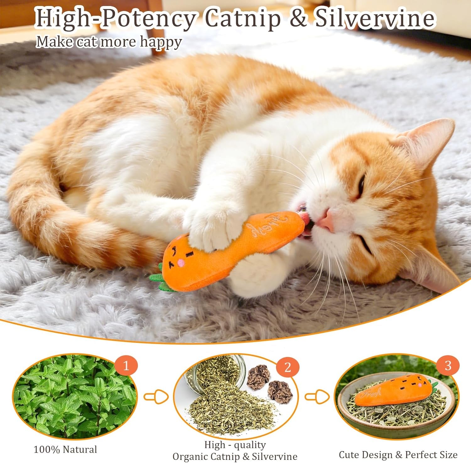 Catnip Cat Toys, 5 Pack, Plush Catnip Toys for Indoor Cats Kitty, Interactive Cat Nip Kitten Kicker Chew Safe Teeth Cleaning Toys, Fun Carrot Vegetable Shape