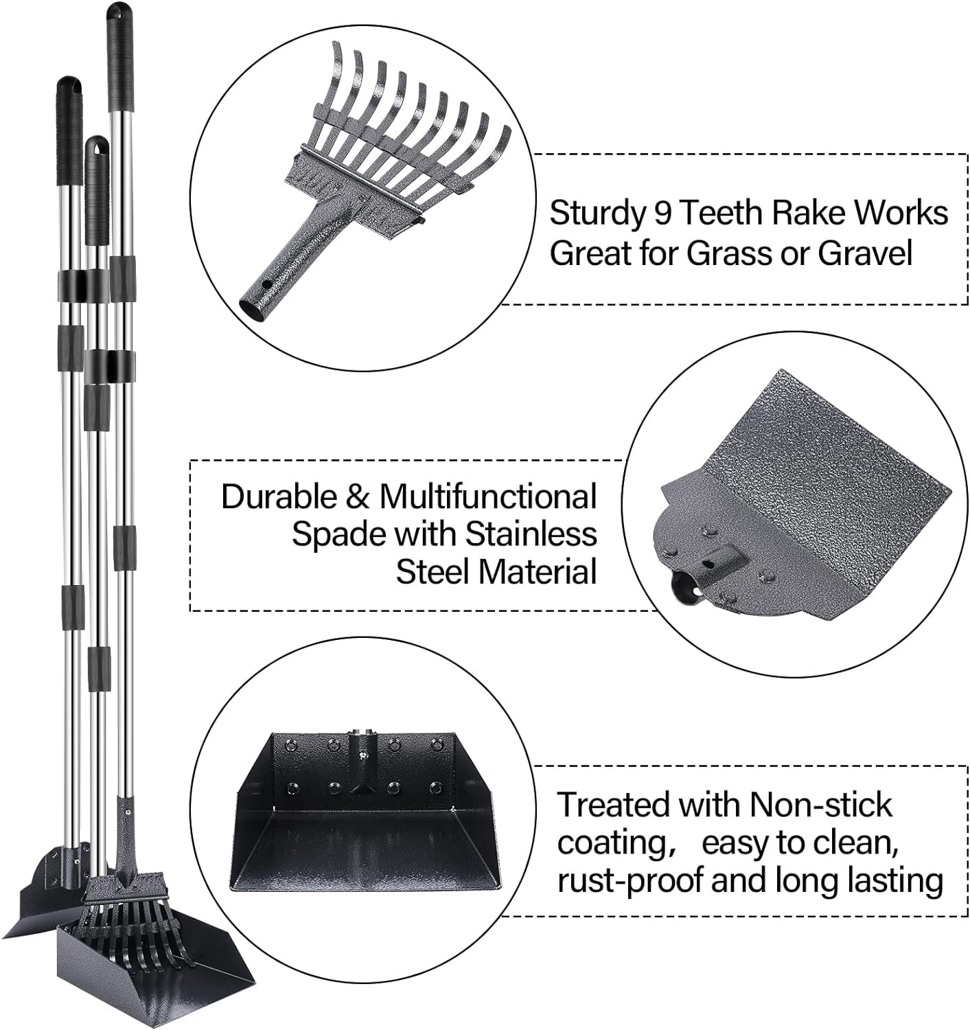 Dog Pooper Scooper Set, 3 Pack Adjustable 49.1 Inches Long Handle Metal Tray, Rake and Spade Poop Scoop for Waste Removal, No Bending Clean up for Large and Small Dog